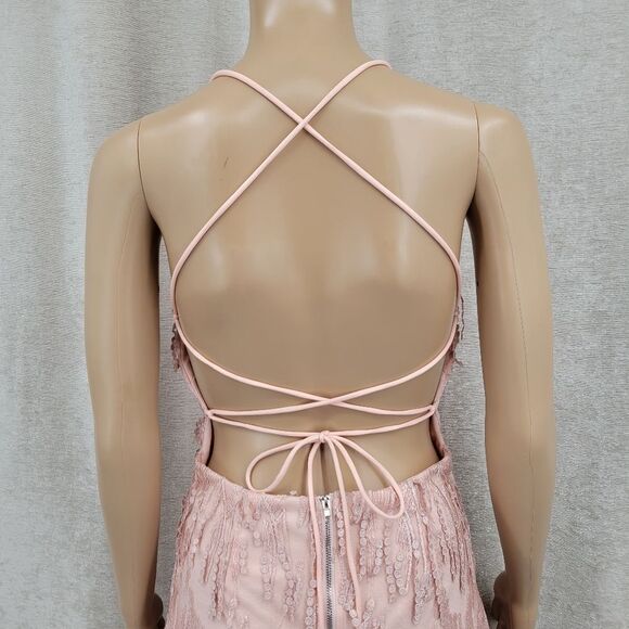 Lulus Making Magic Blush Pink Fringe Lace-Up Mini Dress Women's Size Small - Picture 8 of 13